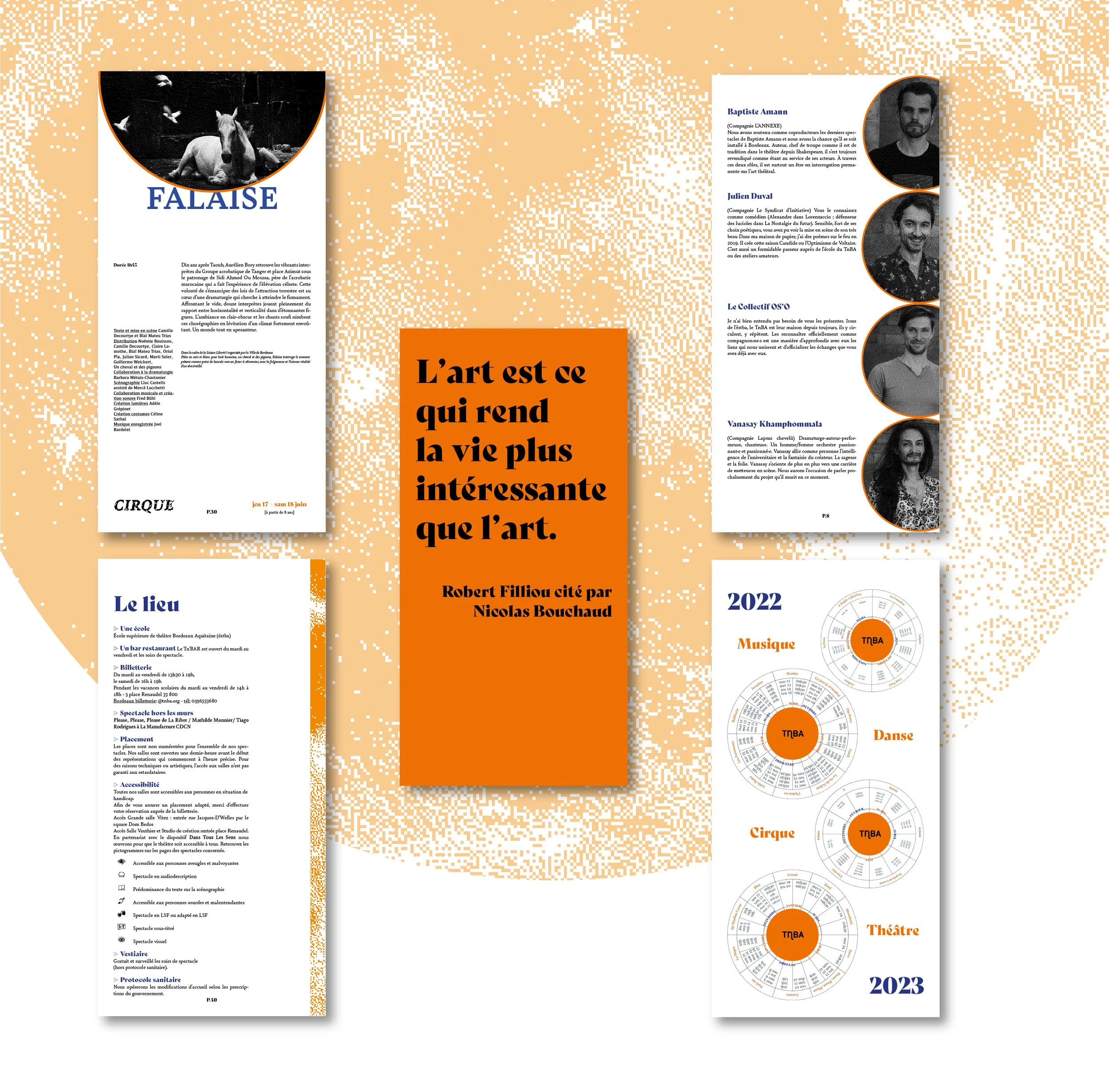 Une affiche orange avec le texte : « L'art est ce qui rend la vie plus intéressante que l'art. » — Robert Filliou cité par Nicolas Bouchaud. Autour, il y a quatre pages de documents ou dépliants liés à la musique, le cirque, le théâtre et la vie locale, avec des textes, images et graphiques en français.