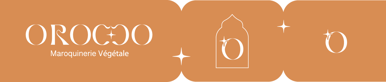 Une bannière marron clair avec le texte blanc 'OROCO Maroquinerie Végétale', décorée d'étoiles blanches et d'une illustration d'une porte avec une boucle en forme de 'O'.