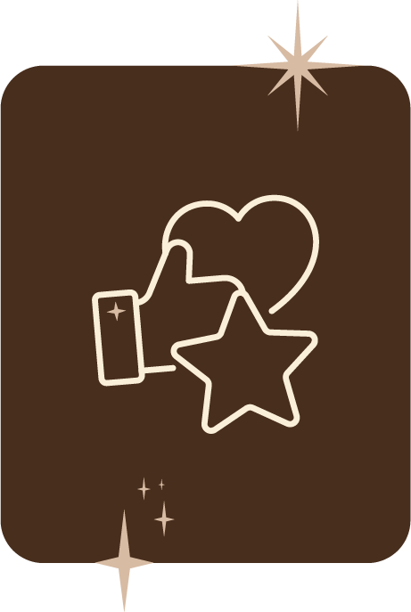 Illustration de formes de sympathie, telles qu'un pouce levé, un cœur et une étoile, sur fond marron avec des étoiles scintillantes.