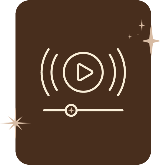 Icône de lecteur vidéo avec boutons de lecture et contrôle de volume sur un fond marron avec des étoiles