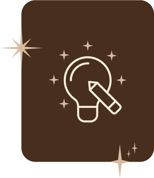 Icône d'une ampoule avec un crayon, ornée d'étoiles. Style minimaliste, fond marron.