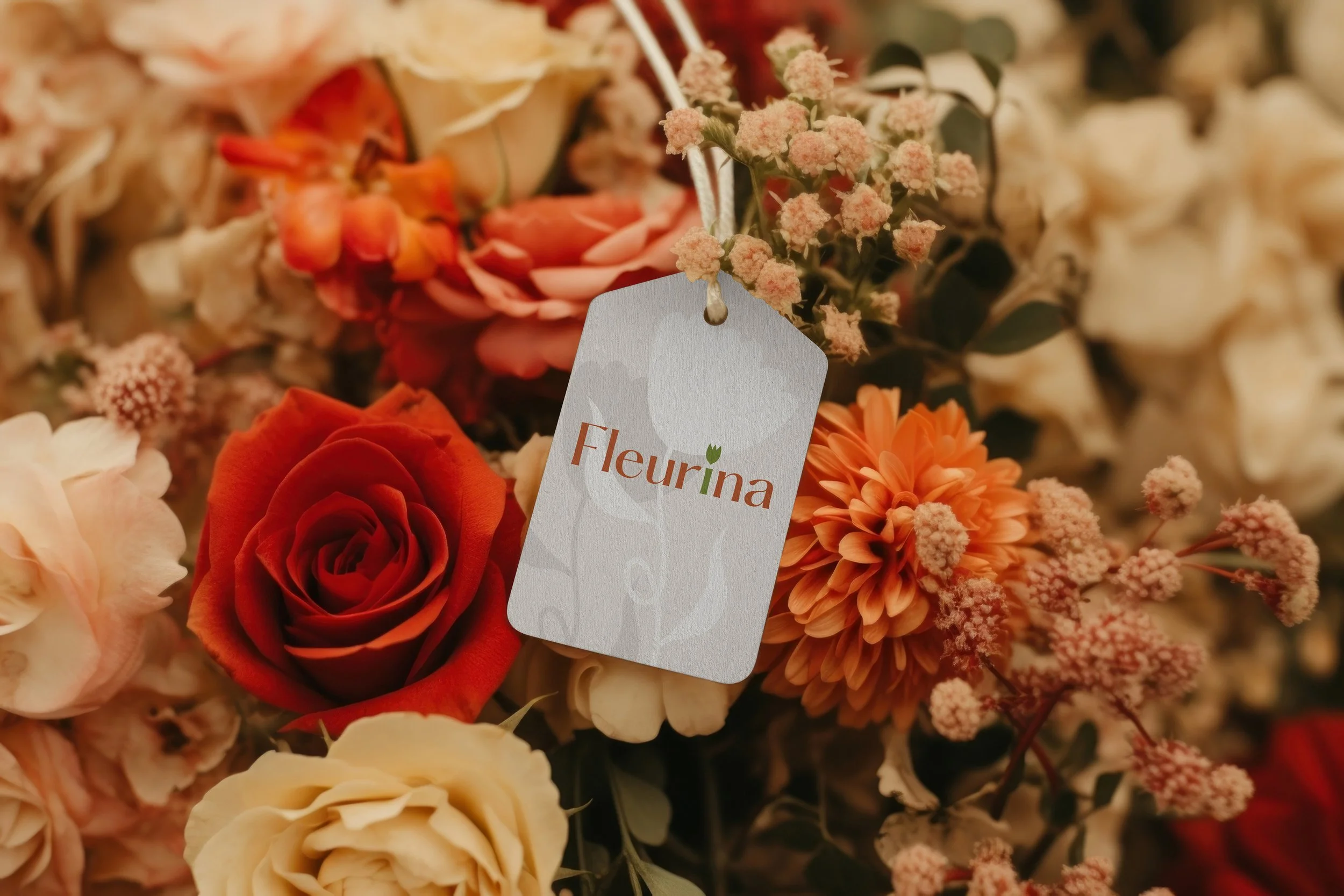 Fleurs de différentes variétés, dont une rose rouge, des fleurs orange et blanches, avec une étiquette portant le nom 'Fleurina'.