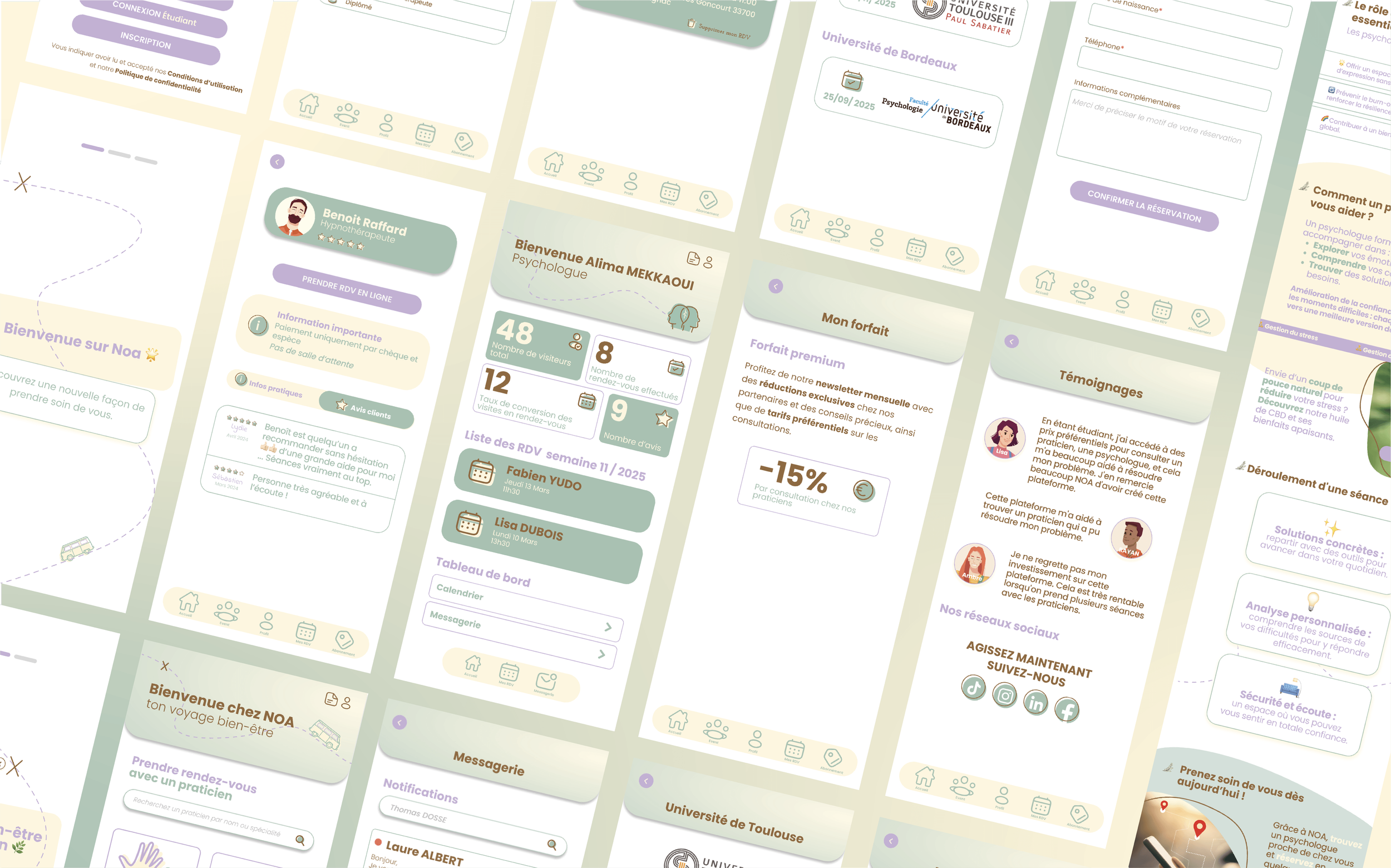 Capture d'écran d'une interface utilisateur d'application ou de site web avec différentes sections, incluant des profils, des rendez-vous, des informations, et des menus.