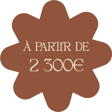 Un label en forme de tache marron avec le texte 'À partir de 2 300€' en blanc.