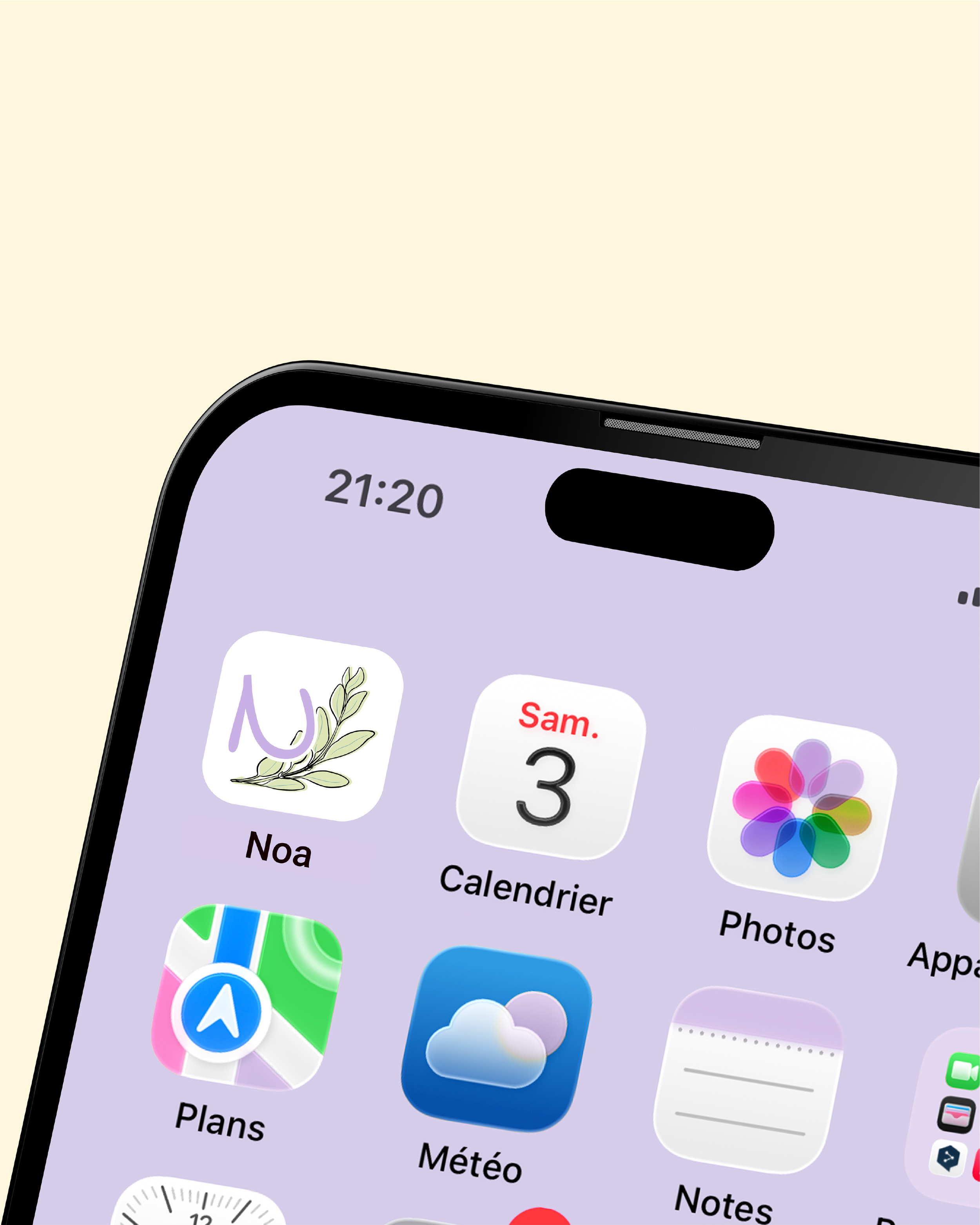 Capture d'écran d'un téléphone affichant des applications telles que Noa, Calendrier, Photos, Plans, Météo et Notes.