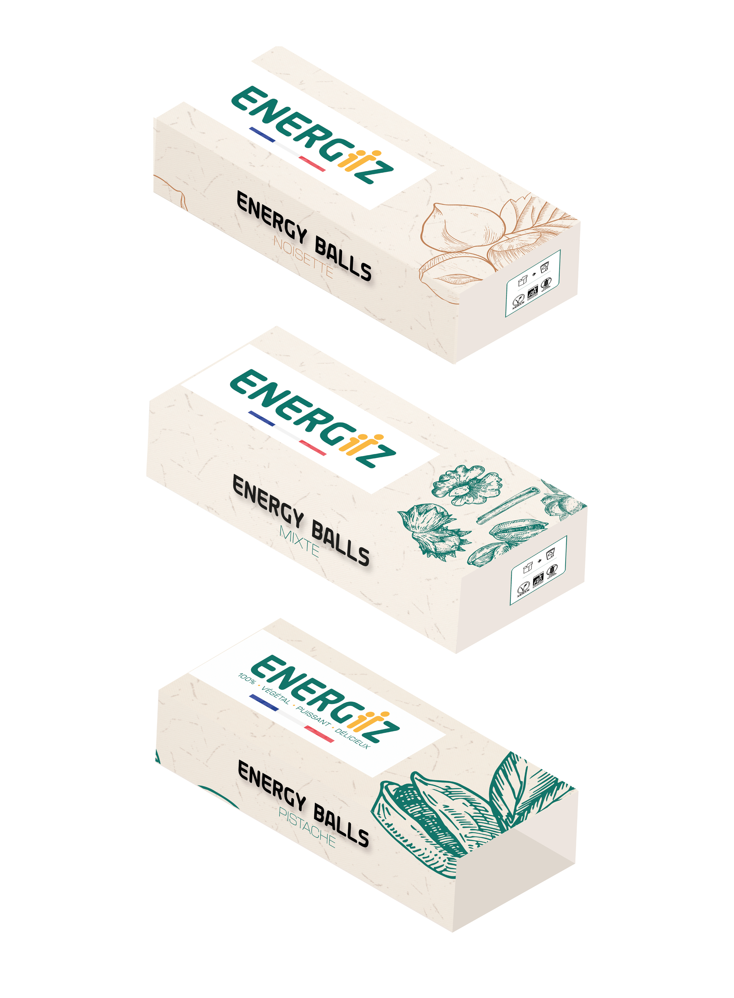 Trois boîtes d'energy balls de différentes saveurs : noisette, mixte et pistache, avec illustrations naturelles et un design épuré.
