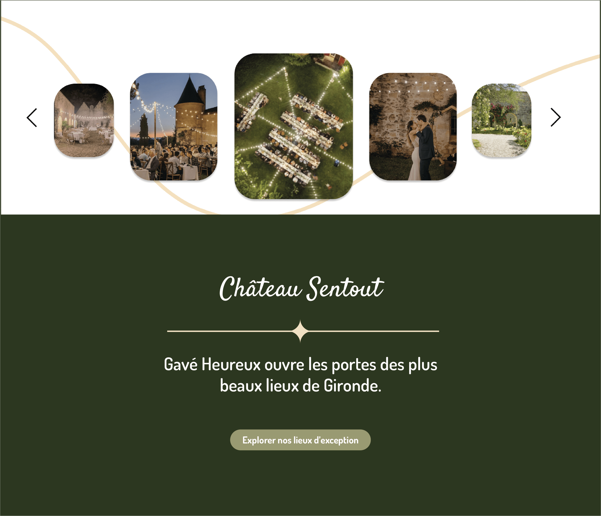 Galerie d'images montrant un mariage avec une réception en plein air, décorations lumineuses, des tables dressées, une cérémonie nuptiale, et un château dans le style médiéval, avec du texte en français pour un site de location de lieux de mariage, mentionnant Château Sentout et une invitation à explorer ces lieux d'exception.