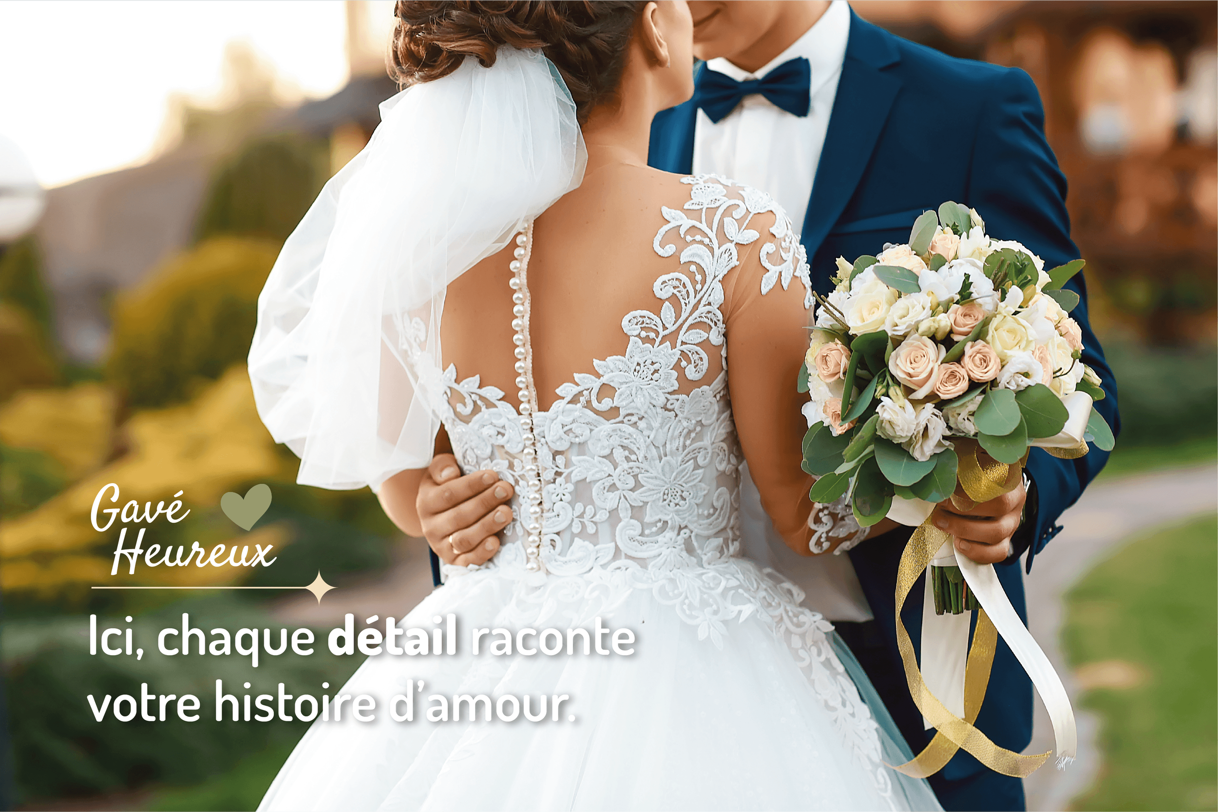 Couple de mariés en tenue de mariage se tenant face à face, la mariée tenant un bouquet de fleurs, dans un jardin, avec texte promotionnel en français sur le mariage et l'amour.