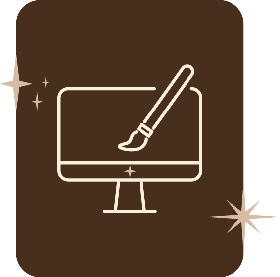 Icône d'un ordinateur avec un pinceau, indiquant la conception graphique ou numérique, sur un fond marron avec des étoiles décoratives.