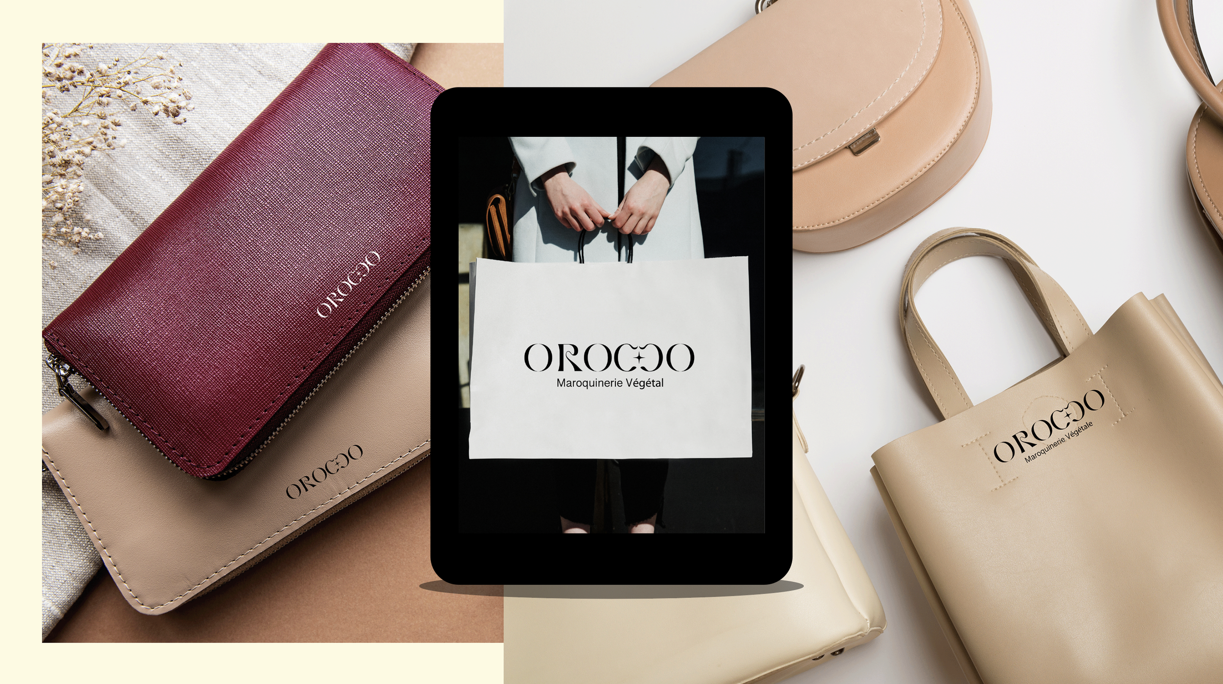 Collection de sacs à main et portefeuilles en cuir avec le logo Oroco, marque de maroquinerie végétale, sur un fond coloré, avec un smartphone en premier plan affichant une personne tenant un sac à dos Oroco.
