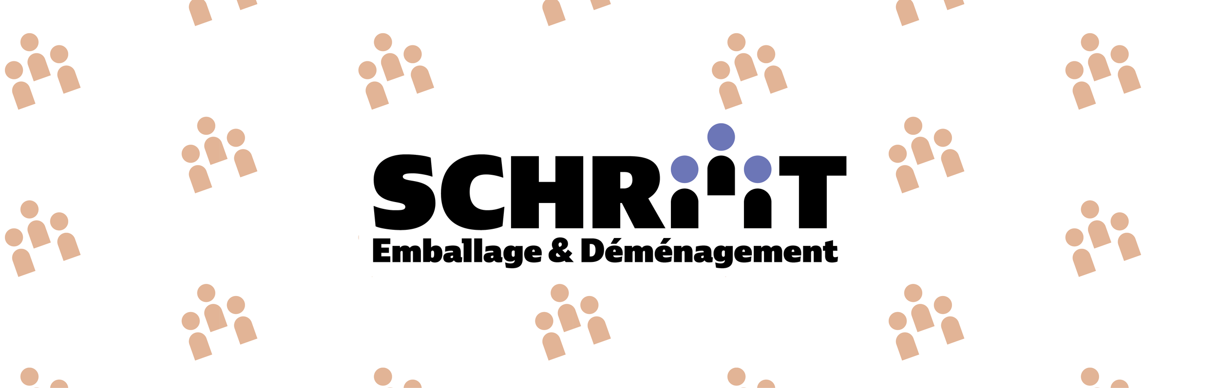 Logo de la société SCHRIT avec le texte "Emballage & Déménagement" en dessous, entouré de motifs de petites silhouettes de personnes en beige.
