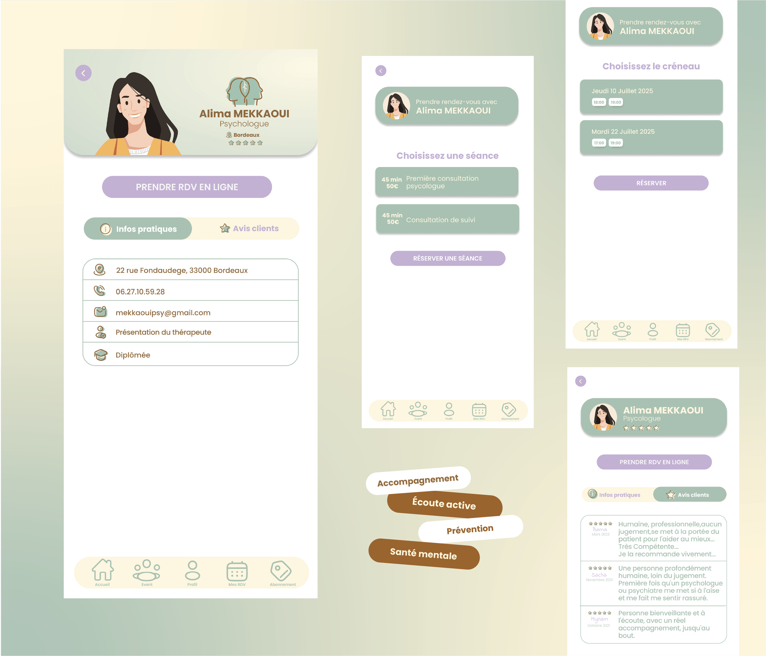 Interface d'une application de prise de rendez-vous avec une psychologue nommée Alima MEKKAOUI, comprenant profils, options de réservation et informations de contact.