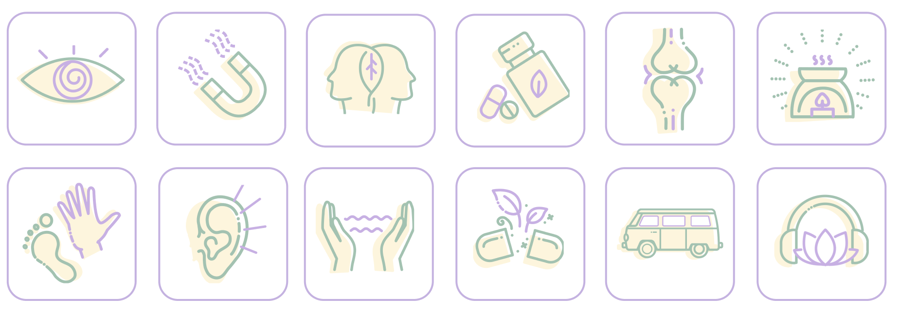 Une grille de douze icônes illustrant la santé et le bien-être, incluant un œil, un inhalateur, des têtes avec une feuille, des médicaments, un genou, une cheminée, une main levée, une oreille, deux mains avec de l'eau, des capsules, un véhicule utilitaire, et un lotus avec des écouteurs.