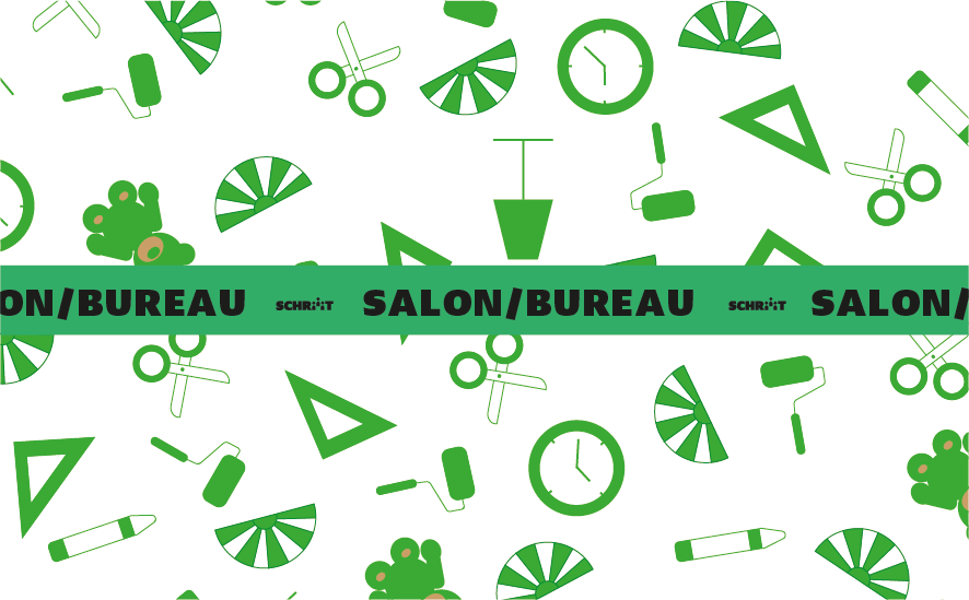 Motifs de déménagement de bureau en motifs verts, incluant des outils et des timepieces, avec un bandeau central indiquant 'Salon/Bureau'.