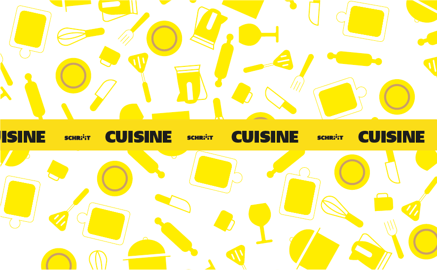Motifs de cuisine en jaune et blanc avec une bande centrale avec le texte "CUISINE" répété