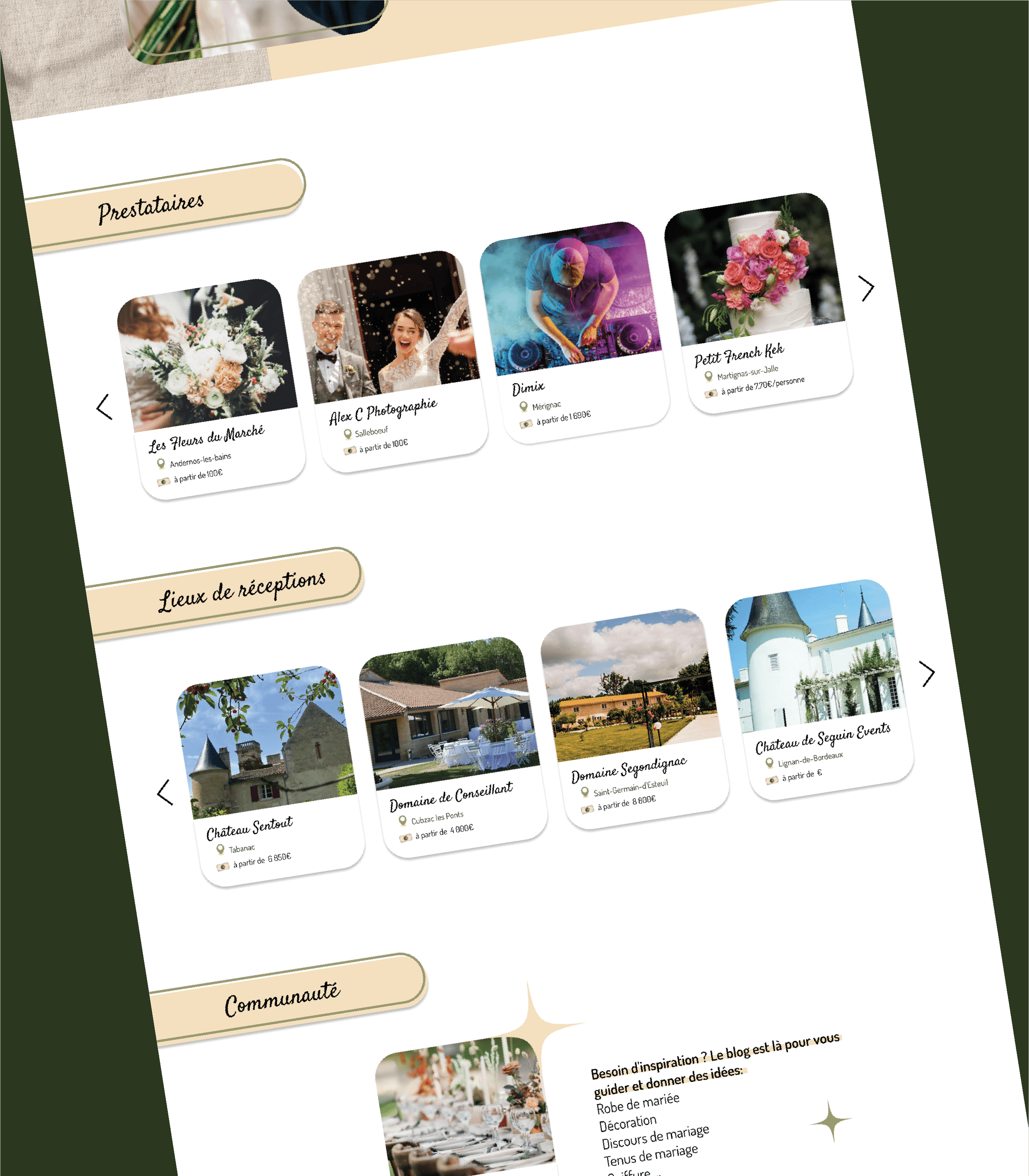 Page de présentation d'un site d'organisation d'événements, avec des sections pour prestataires, lieux de réceptions et communauté, comprenant des images de bouquets, d'un DJ, d'un château, et d'une table de réception.