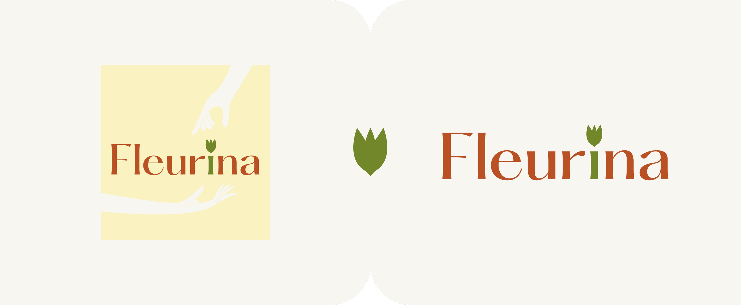 Logo avec le mot 'Fleurina' dont la lettre 'i' est une fleur verte et un symbole de fleur entre deux versions du logo.