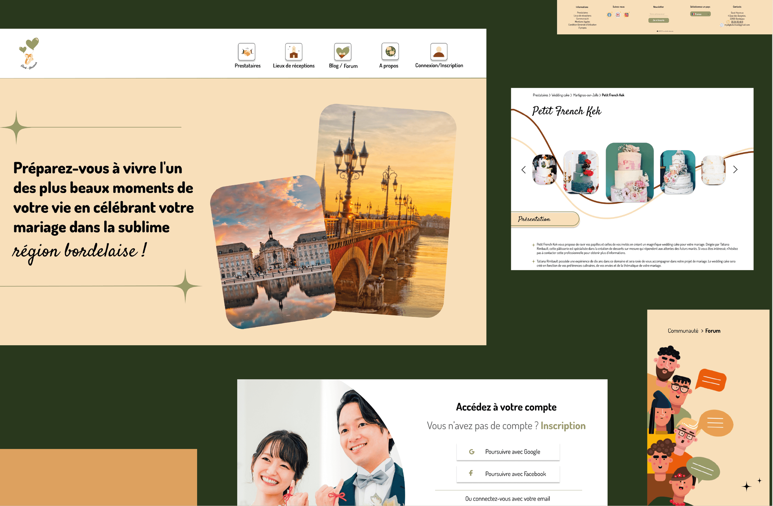 Page d'accueil d'un site web de mariage en région bordelaise, avec images de paysages, cakes de mariage, et sections pour la création de compte et forum.