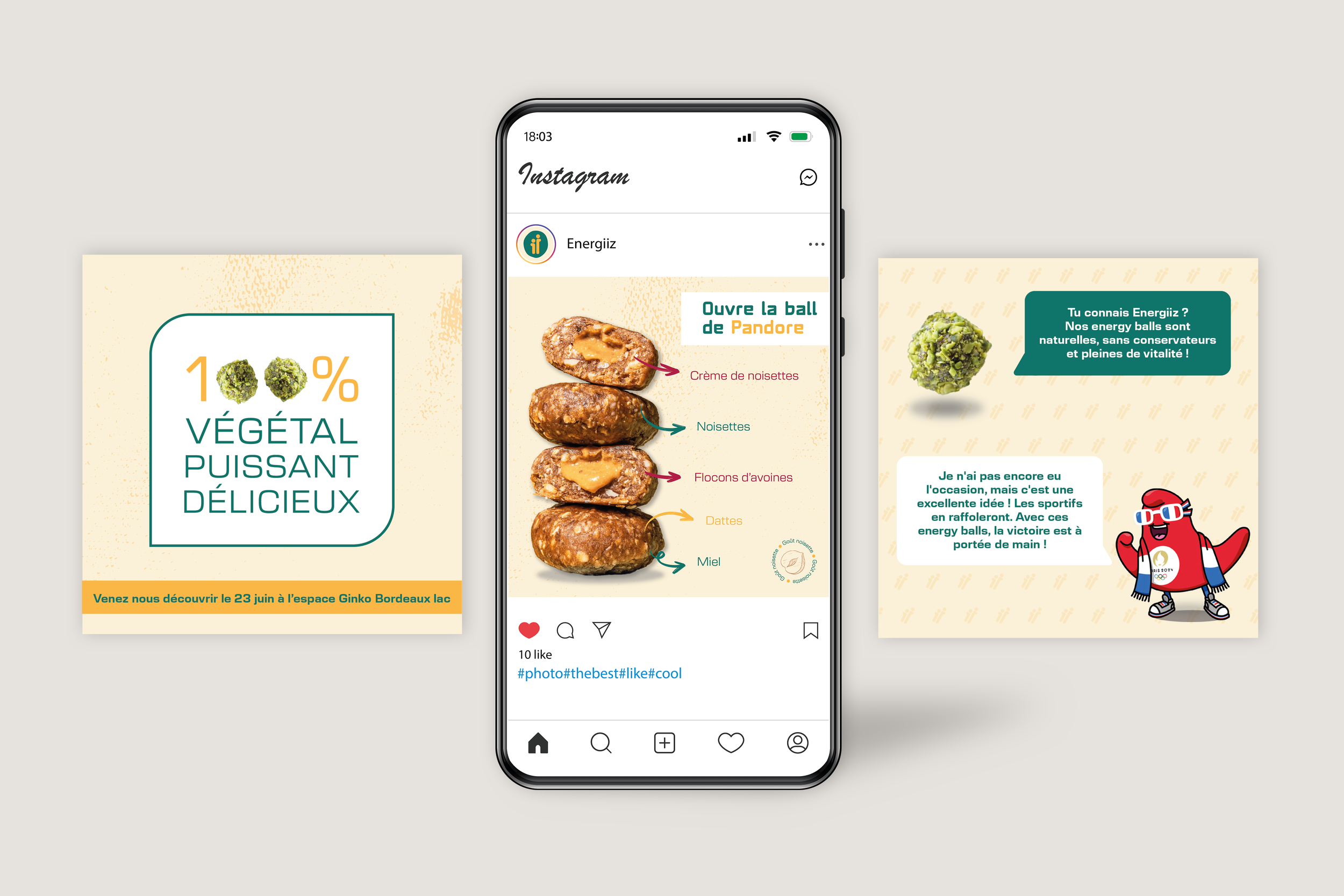 Trois publications Instagram promotionnelles pour des energy balls naturelles. La première indique que ces energy balls contiennent 1% de végétal et sont délicieuses. La deuxième montre une étape de dégustation avec une description des ingrédients comme la crème de noisettes, noisettes, flocons d'avoine, dattes, et miel. La troisième présente une energy ball verte avec une remarque sur leur naturel et un personnage mascotte portant des lunettes 3D et une écharpe, parlant de la légitimité d'en faire une nouvelle activité sportive.