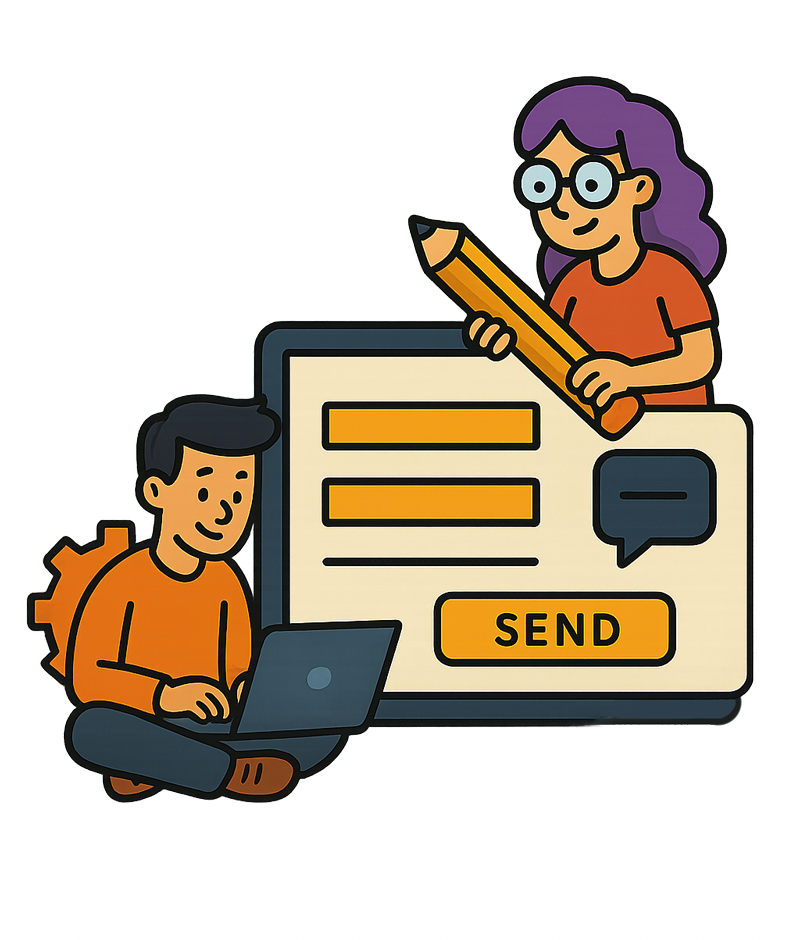 Cartoon illustration of a young man using a laptop and a young woman holding a large pencil, with an oversized computer screen displaying a message box and a send button.