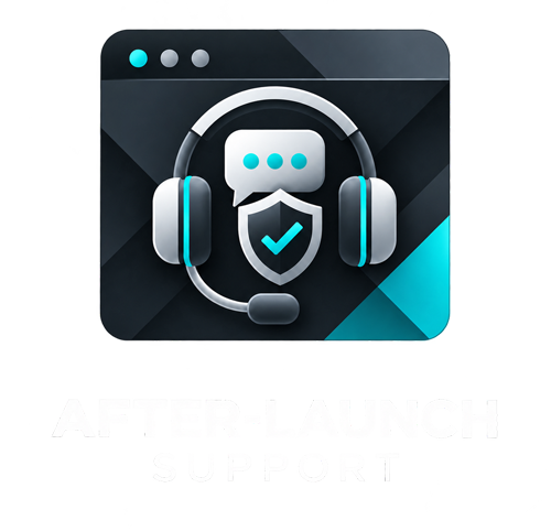 Support icon with headset, speech bubble, and shield on a computer window, with 'Afterlaunch Support' text below