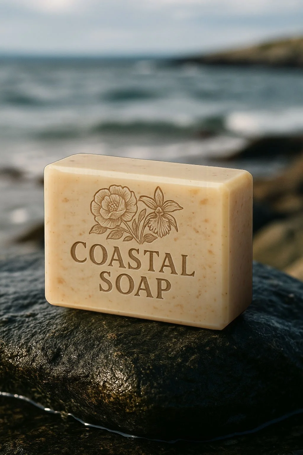 A bar of Coastal Soap with floral engravings on its surface, placed on a wet rock near the ocean, with waves and a cloudy sky in the background.