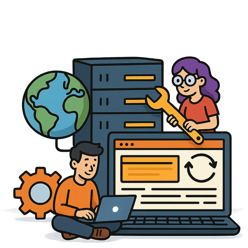Cartoon illustration of two people working with technology and environmental themes, including a globe, gears, servers, a laptop, and a webpage on a screen.