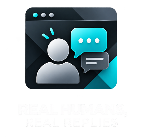 A digital icon of a messaging or chat application with a person silhouette and speech bubbles, with the text "Real Humans, Real Replies" underneath.