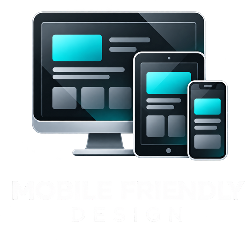 Multiple digital devices including a desktop monitor, tablet, and smartphone displaying the same website layout with blue accents.