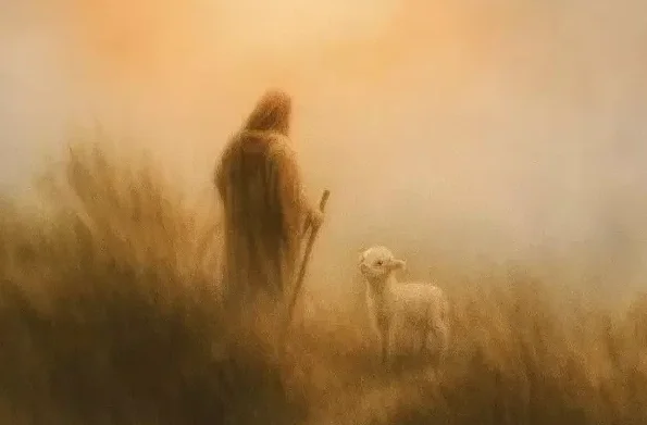A person holding a walking stick standing in a field with tall grass, accompanied by a small lamb, during sunrise or sunset with a warm, misty atmosphere.