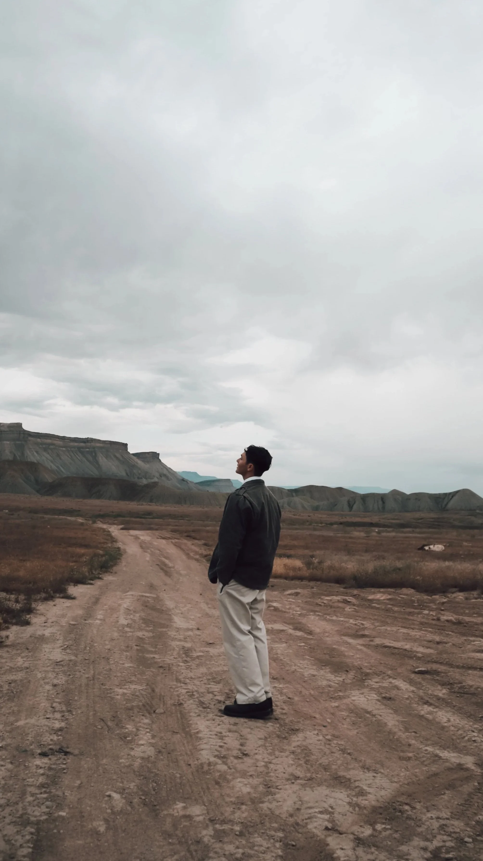 A man standing on a dirt road in a vast, arid landscape with hills in the background, under a cloudy sky.