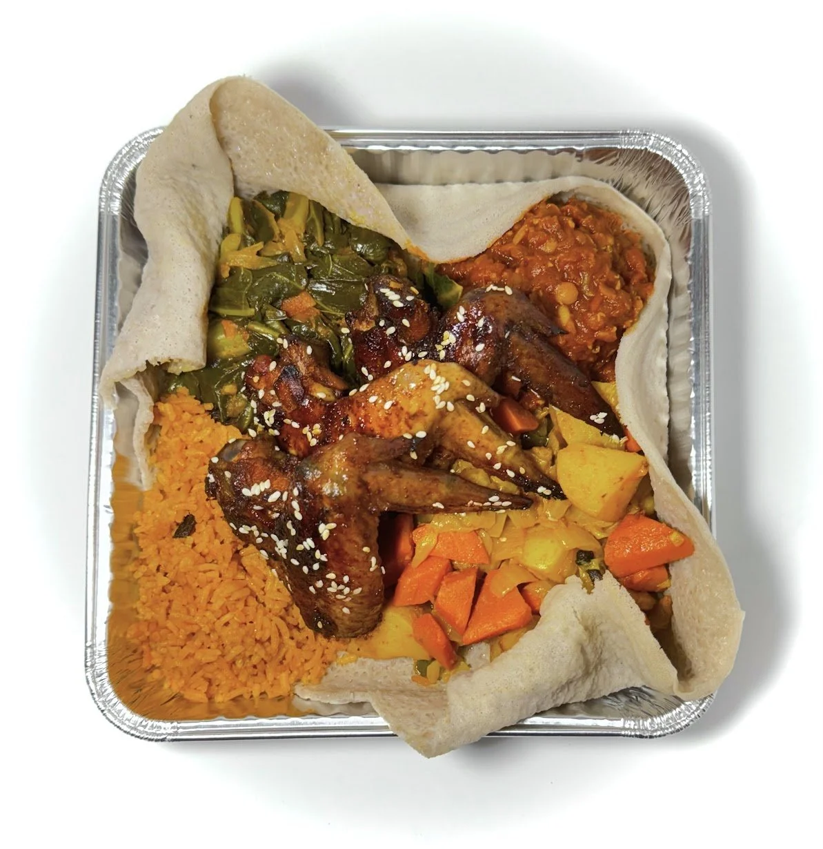 Ethiopian Veggies, Spiced Rice, Charr-Roasted Chicken