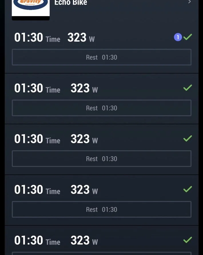 Quick aerobic capacity ride today. 1:1 work:rest ratio. 8 sets 1:30 work/ 1:30 rest average watts listed in the photo. #mtb #fitness