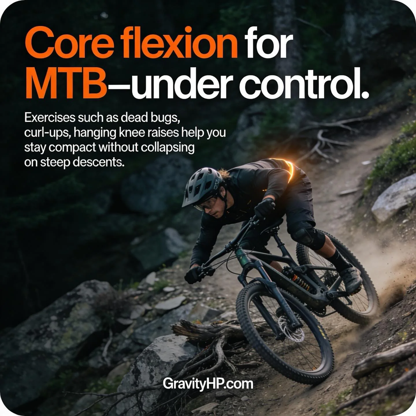 Core flexion matters for MTB but only under control.
Dead bugs, curl-ups, hanging knee raises help you stay compact without collapsing on steep descents.
#GravityHumanPerformance #MTB