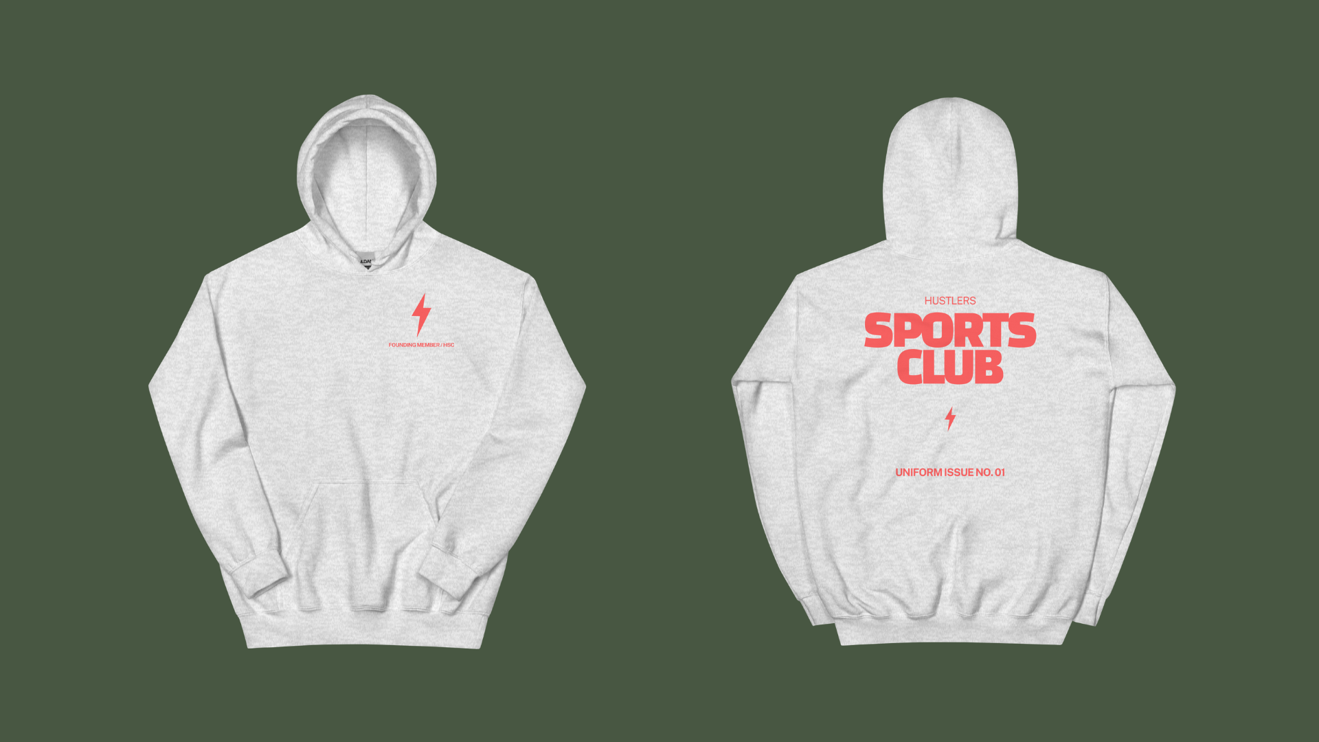 Light gray pullover hoodie with a small red lightning bolt and “Founding Member / HSC” text on the chest, and bold red “Hustlers Sports Club” graphic with “Uniform Issue No. 01” on the back.