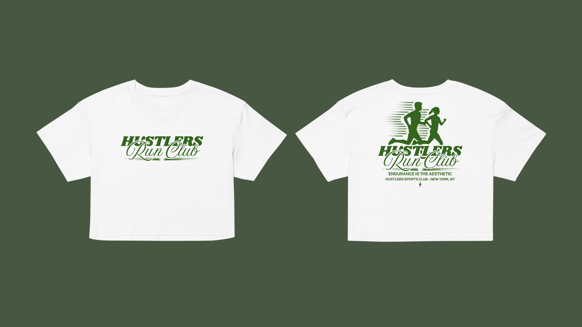 White cropped t-shirt featuring “Hustlers Run Club” text on the front and a green running graphic with “Endurance is the aesthetic” on the back.