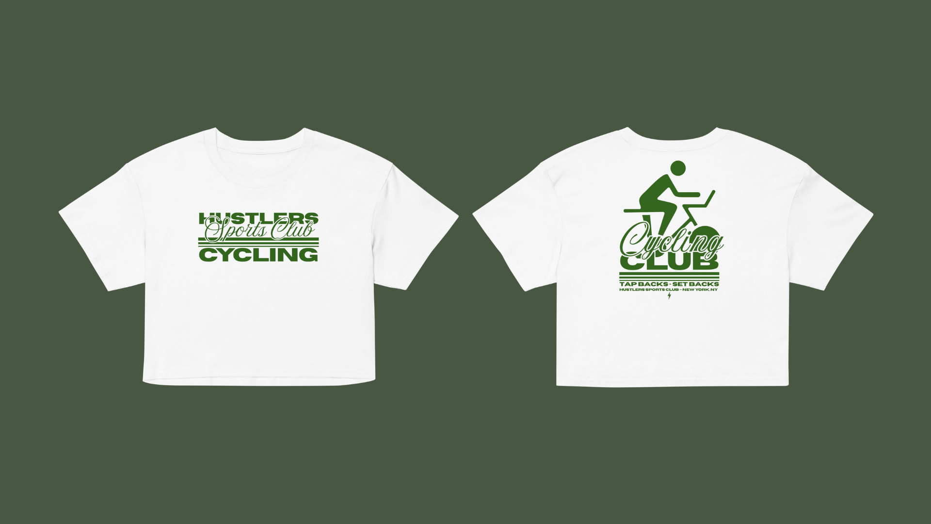 White cropped t-shirt with “Hustlers Sports Club Cycling Club” text on the front and a green cyclist graphic with “Tap Backs > Setbacks” on the back.