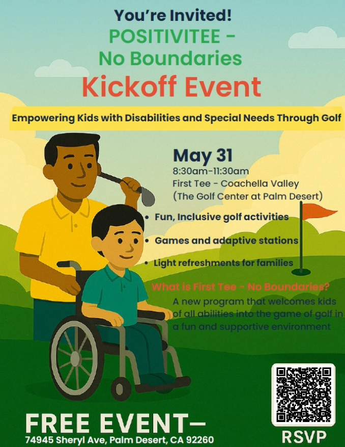 Invitation flyer for a golf event promoting inclusive activities for kids with disabilities, scheduled for May 31 at the Coachella Valley Golf Center, featuring adaptive golf stations and fun activities.