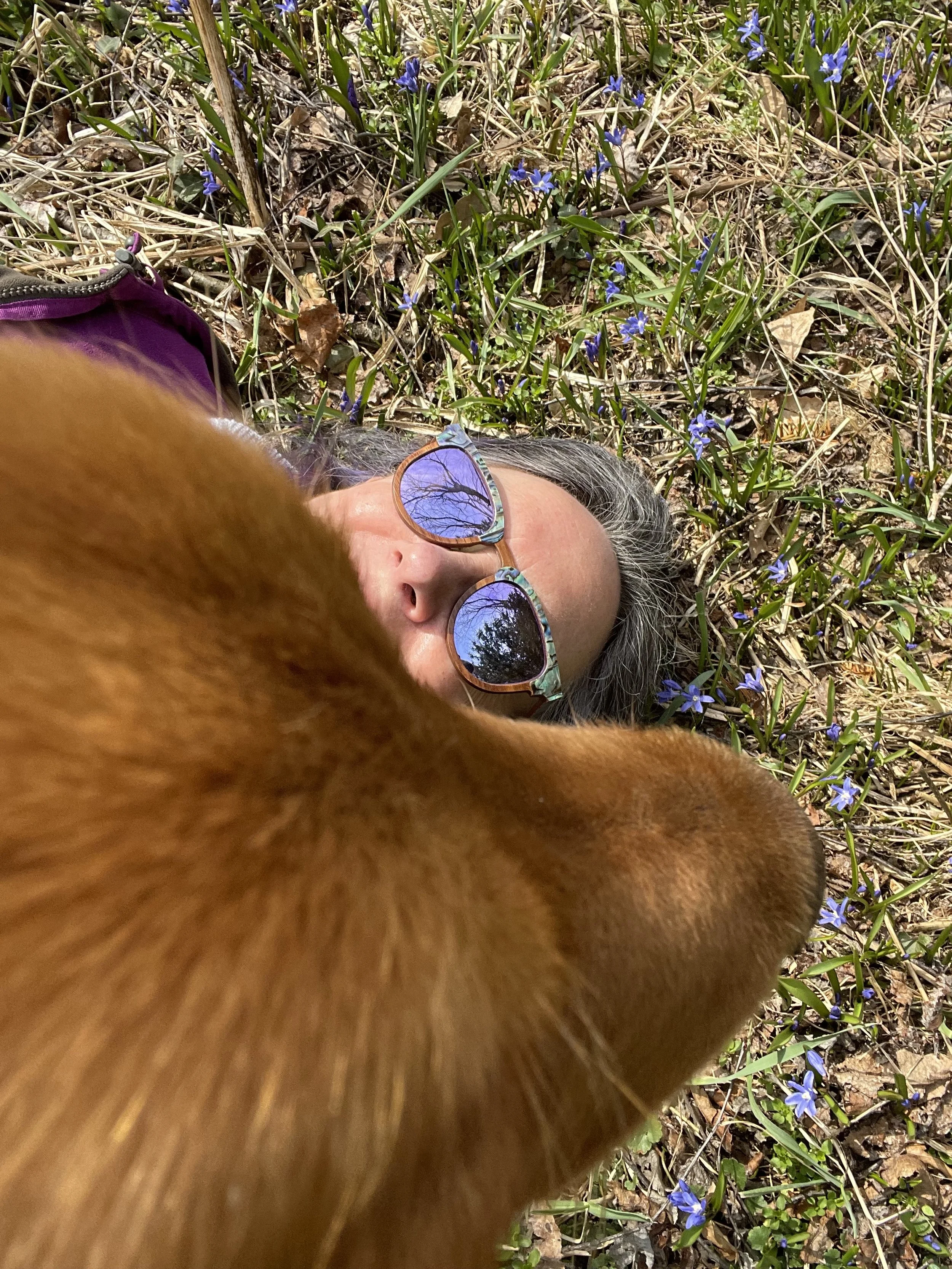 A woman with sunglasses lying on the ground among small purple flowers with a large golden retriever in the foreground, partially obscuring her face.