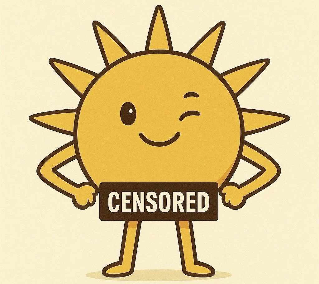 A cartoon sun character winking and smiling, with hands on hips, holding a censorship bar labeled "CENSORED" in front of its body.