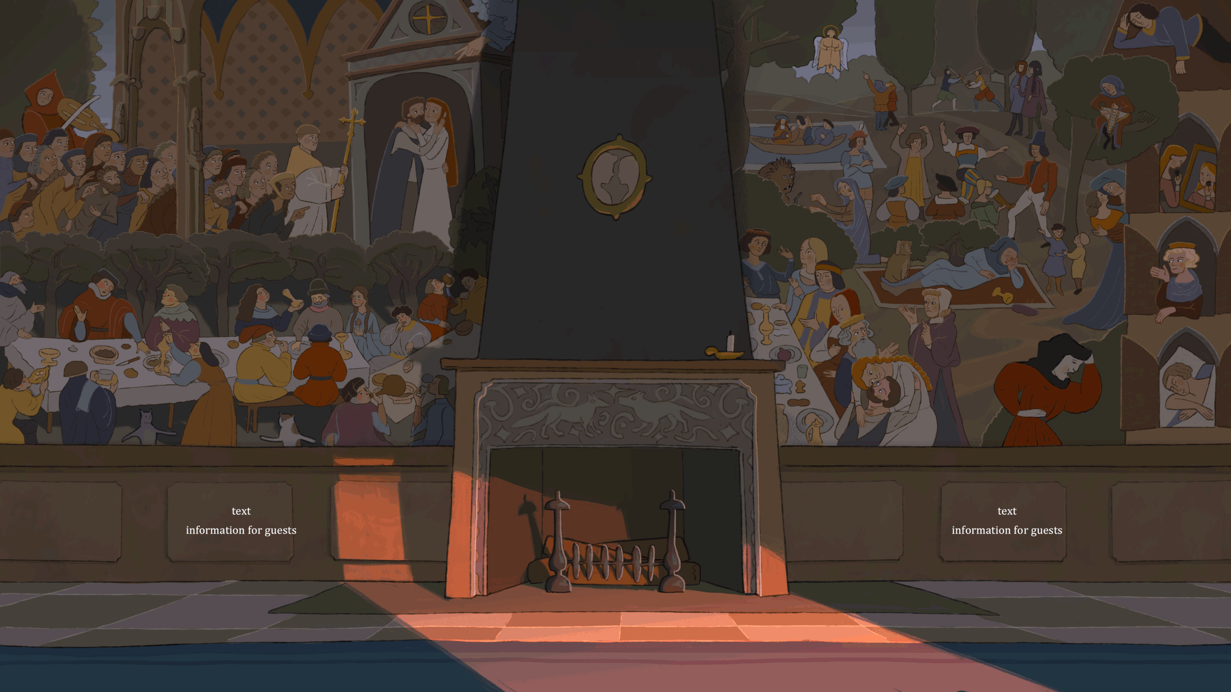 The medieval figures in the fireplace room were taken from old tapestries*