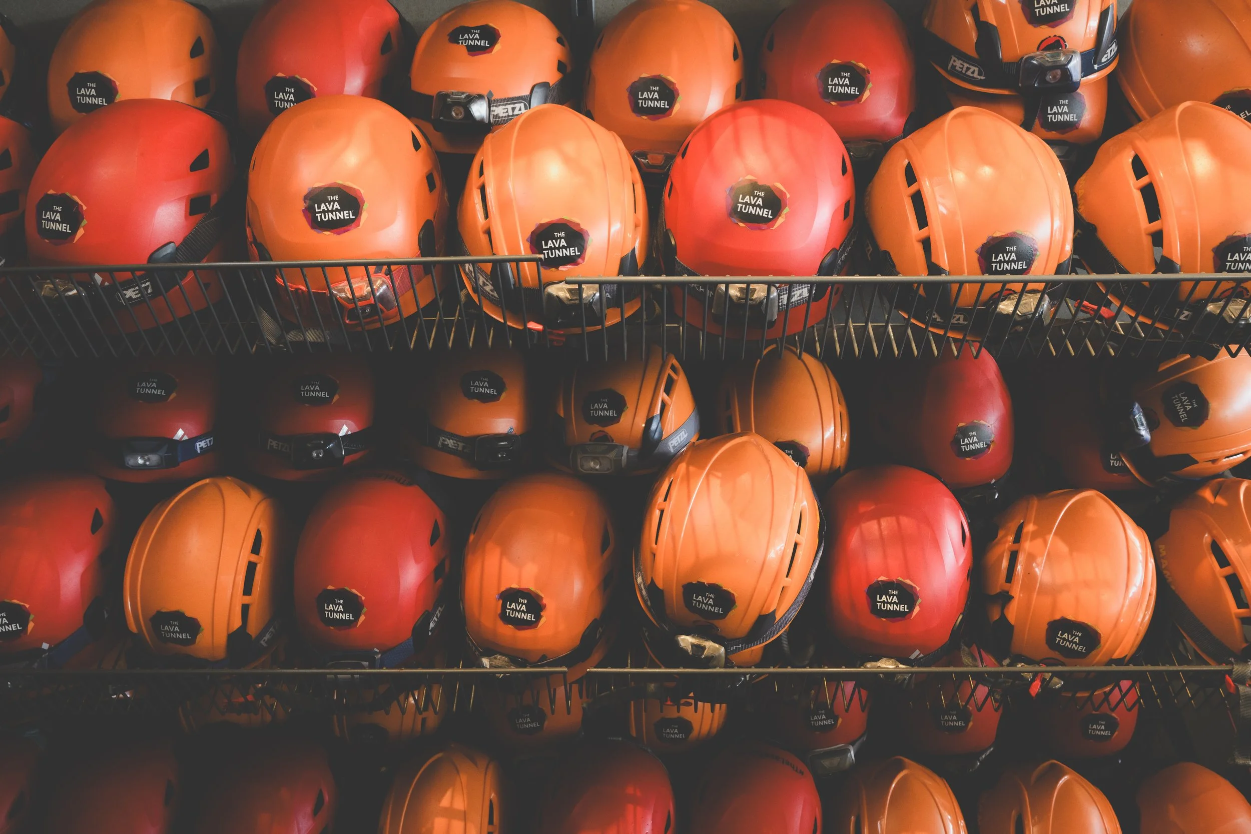 Safety helmets at the lava caves. Documentary photography in iceland.