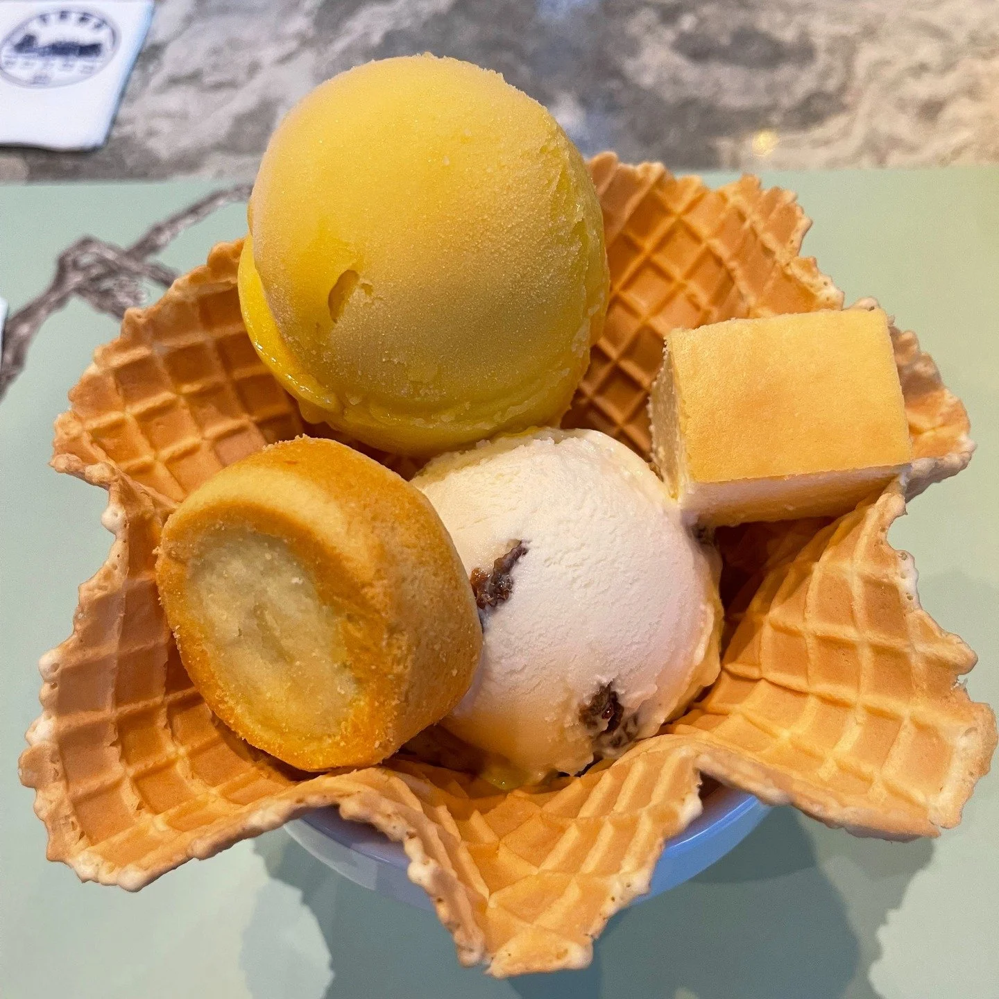 Mango &amp; Rasin Mascarpone gelato scoops, butter sponge cake and pineapple cake. SOLD! #gelato #desserts