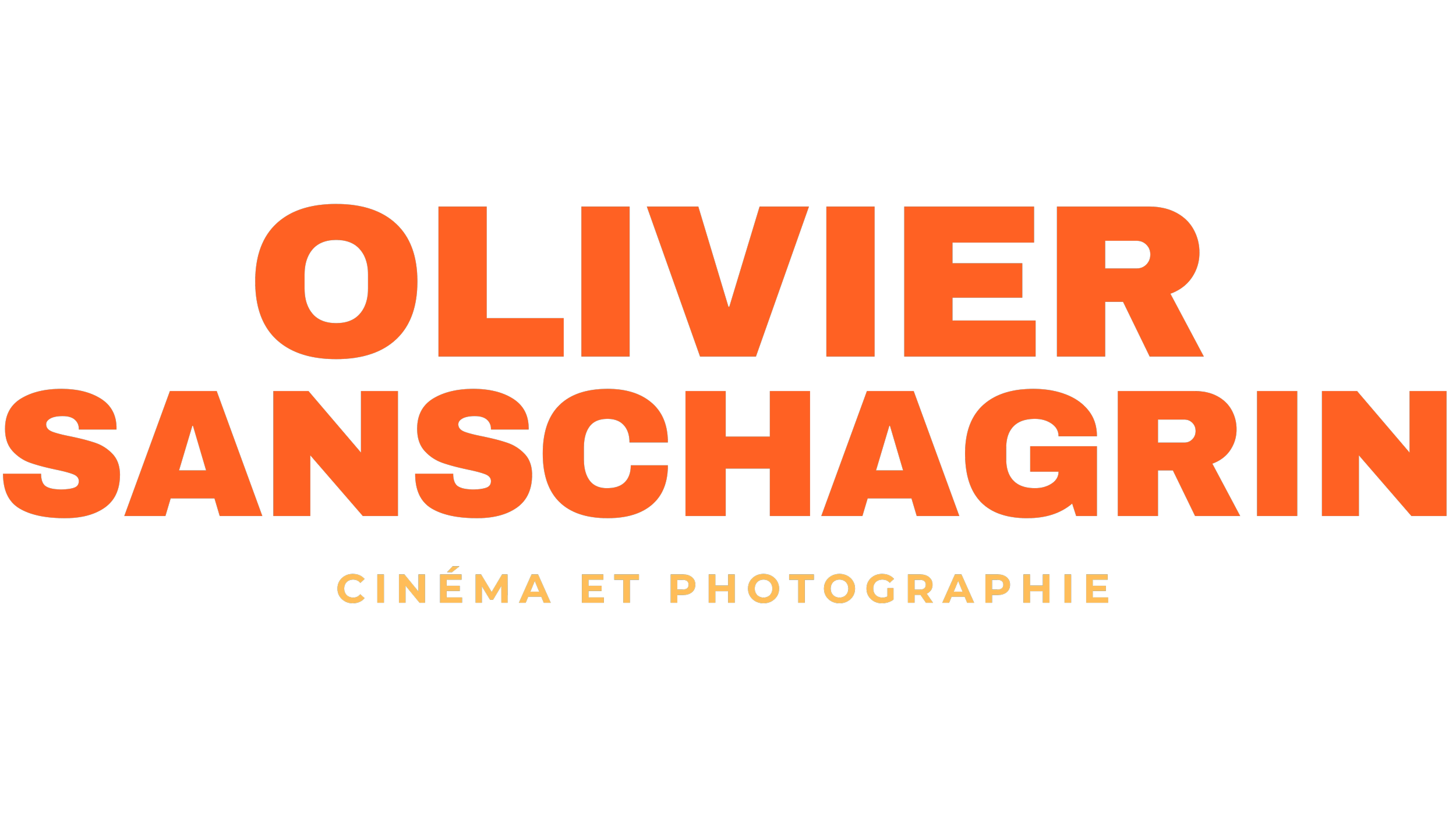 Texte en noir, orange et beige indiquant 'Olivier Sanschagrin, Cinéma et Photographie'.