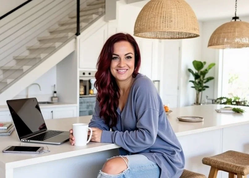 Sam Milburn with red wavy hair and blue top sat in a kitchen at her laptop