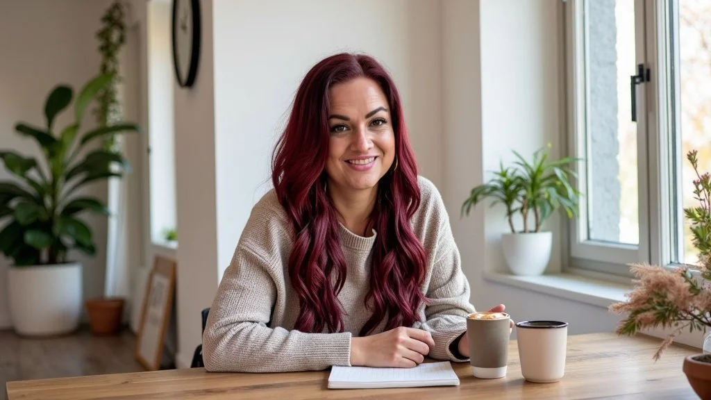 Sam is an SEO expert and woman with long red hair sitting at a wooden table in a bright room with large windows, smiling, with two cups and a notebook in front of her, and houseplants in the background.