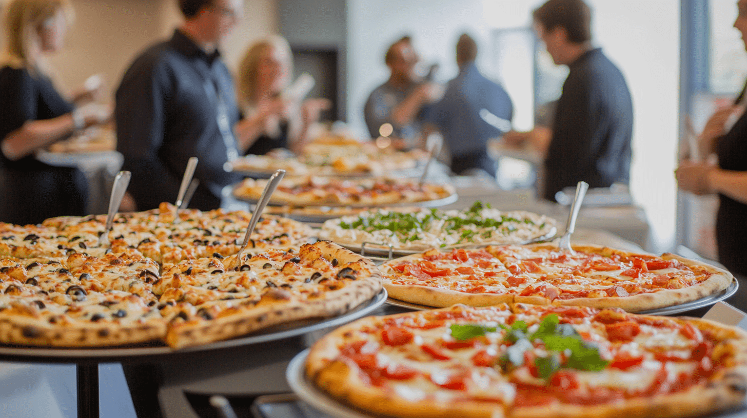 Assorted pizzas on a table at a buffet with people serving themselves in the background.