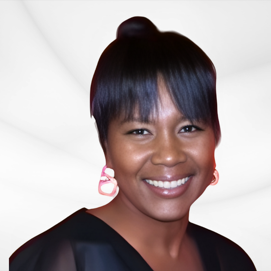 A smiling woman with short dark hair in a bun, wearing pink earrings and a black top, against a bright, blurred background.