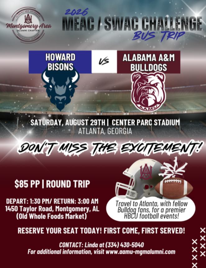 Flyer for the 2026 MEAC/SWAC Challenge bus trip featuring Howard Bisons vs Alabama A&M Bulldogs football game on Saturday, August 29th at Center Parc Stadium in Atlanta, Georgia. The flyer highlights the round-trip cost of $85 per person, departure at 1:30 PM, return at 3:00 AM, and contact information for reservations.