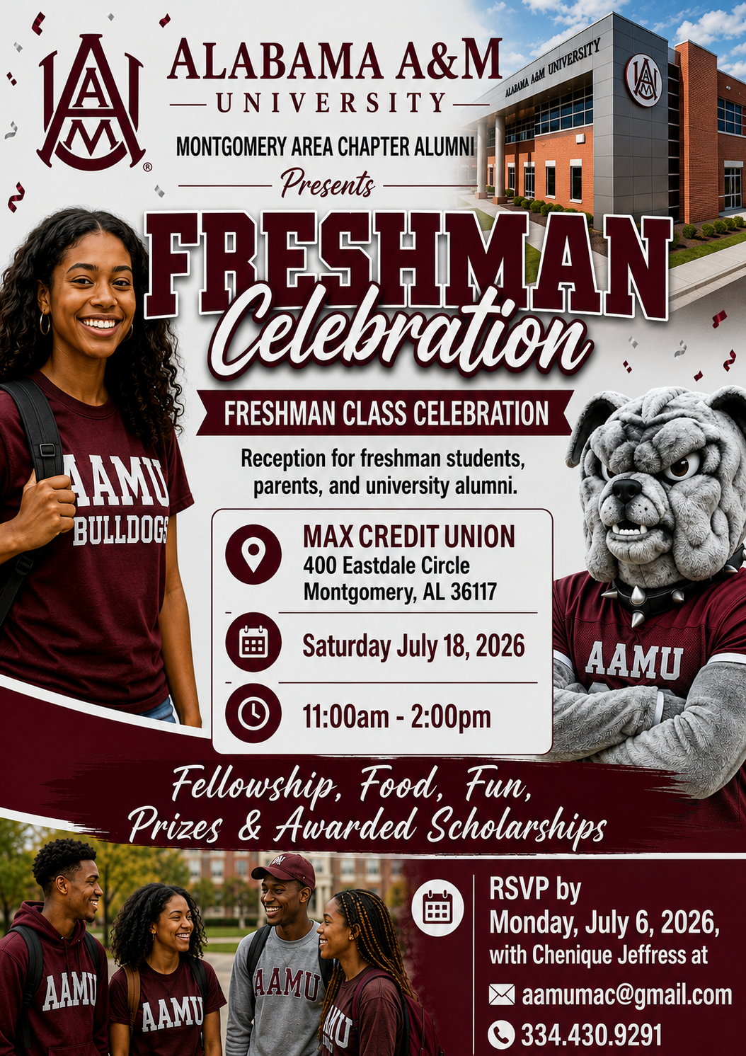 Flyer for Alabama A&M University Freshman Celebration event on July 18, 2026, at MAX Credit Union in Montgomery, Alabama. The flyer features the university's mascot and students, providing details of the reception, location, time, and RSVP information.